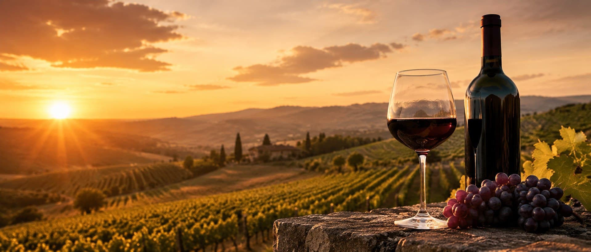 VinoBox — garrafa e taça de vinho sobre uma mureta de pedra, ao pôr do sol num vinhedo